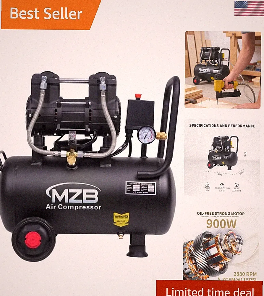 6.4 Gallon MZB Air Compressor with Wheels - 70dB Quiet, Ideal for DIY Projects